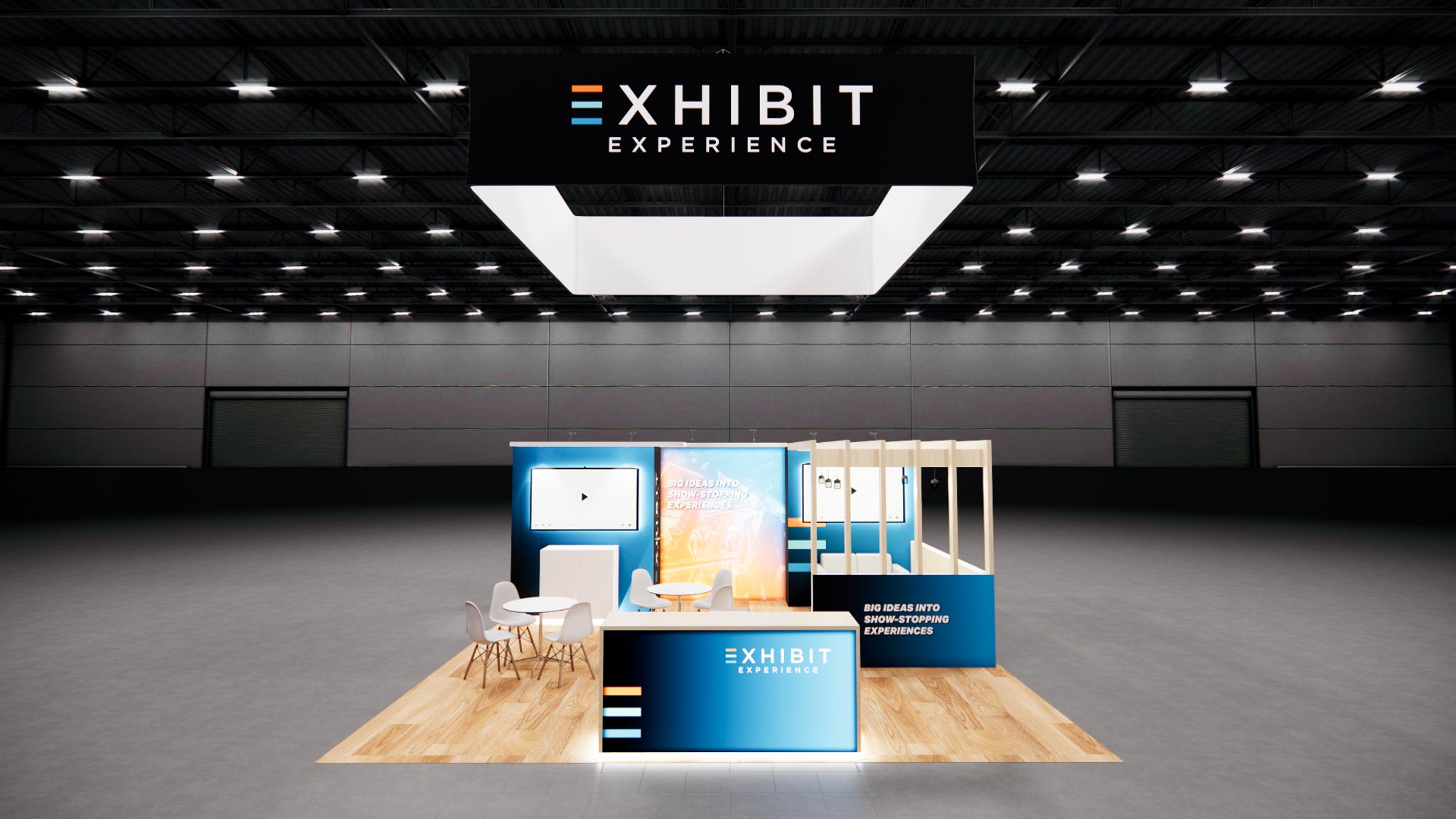 20x20 trade show booth rental with hanging sign and modern layout